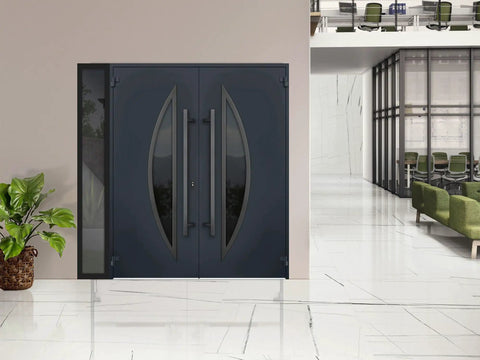 Slick Prehung Steel Double Front Doors Featuring Tinted Black Glass Sidelite Modern Right Inswing Entry System in stylish setting.