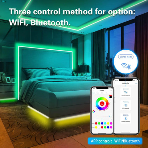 Bedroom with 100Ft Smart WiFi LED Strip Lights With Voice Control, glowing around bed and controlled by app on smartphones.