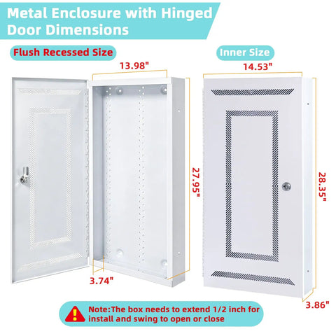Tough As Nails 28 Inch Media Enclosure For Structured Wiring Cabinets featuring dimensions of 13.98x28.35 inches with a hinged door.
