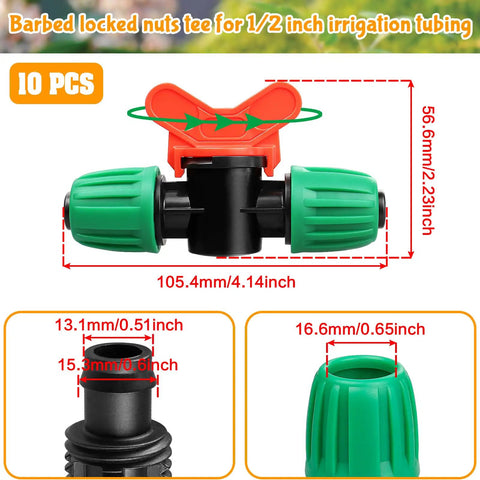10 Pack Inline Half Inch Drip Irrigation Ball Valves With Locking Barbed Ends Shut Off Valves Kit dimensions