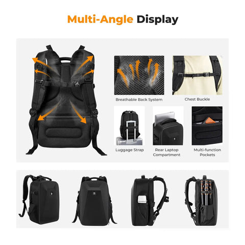 Multi-angle view of Hard Shell Camera Backpack For DSLR And Mirrorless Gear, Waterproof 22L Travel Case showing features