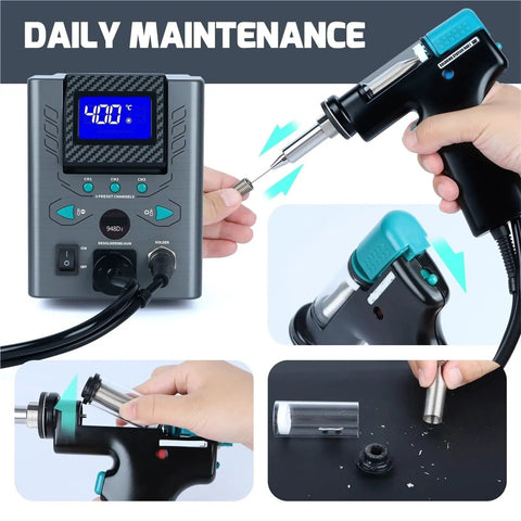 948DI 110W High Power Desoldering Station With Tin Suction Gun showing use for PCB and BGA rework maintenance