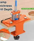 Heavy Duty Metal Concealed Hinge Jig For Cabinet Doors With Integrated 35mm Carbide Drill Bit and Dual Bearing Guide, showing clamp and drill depth settings.
