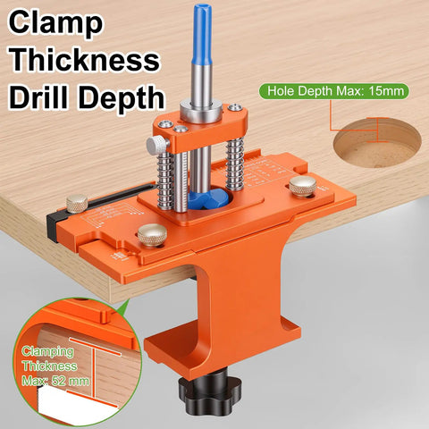 Heavy Duty Metal Concealed Hinge Jig For Cabinet Doors With Integrated 35mm Carbide Drill Bit and Dual Bearing Guide, showing clamp and drill depth settings.