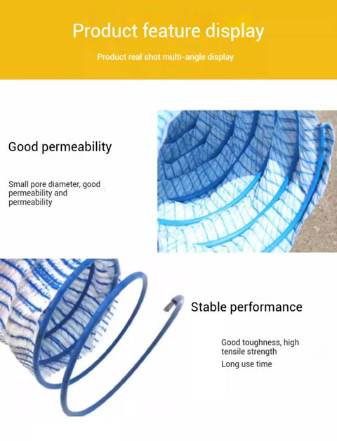 Perforated French Drain Pipe 2 Inch with corrugated design, nonwoven filter layer, steel wire reinforcement, close-up view