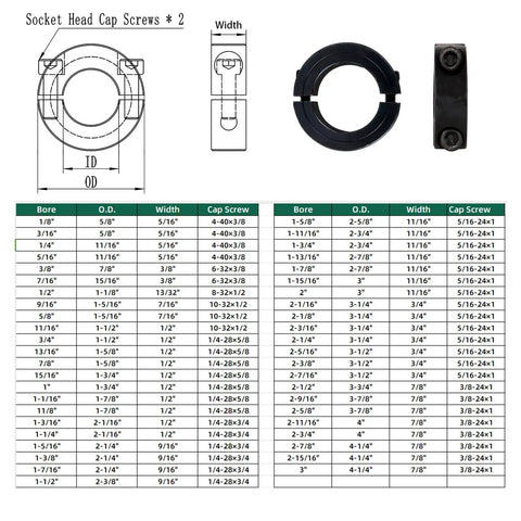 Socket Head Cap Screws and dimension chart for Badass Double Split Shaft Collars 4 Pack Forged From Heavy Duty 1045 Steel Giving You A Killer Grip On 11 16 Inch Shafts.