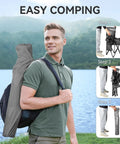 Man carrying 2 Pack Foldable Outdoor Camping Chairs With Built In Cooler Pouch Ultra Comfy Cushioned Seats Mesh Backrest in Grey.