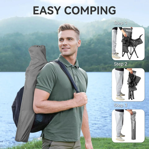 Man carrying 2 Pack Foldable Outdoor Camping Chairs With Built In Cooler Pouch Ultra Comfy Cushioned Seats Mesh Backrest in Grey.