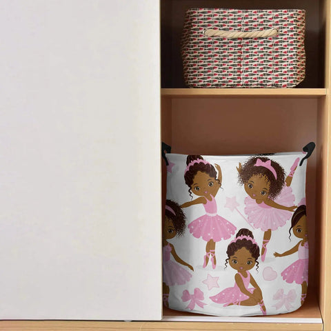 17 Inch Collapsible Laundry Basket With Waterproof Oxford Fabric and Cute Black Ballerina Girl Design in a shelf