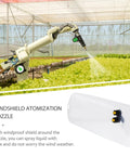 Electric Sprayer Nozzle With Windproof Shield For High Pressure Atomizing Mist in greenhouse, nozzle detail inset bottom right.