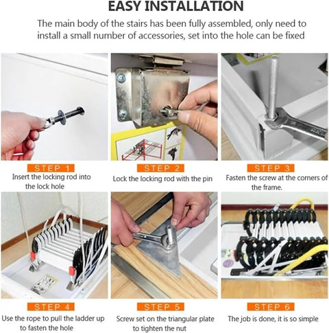 Installation steps for Electric Attic Ladder With Remote Control Pull Down Loft Stairway Featuring Tough Titanium Alloy Steps.