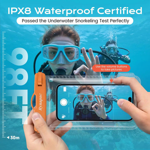 Woman snorkeling holding IPX8 Waterproof Phone Pouch 2 Pack With Lanyard For Beach Day Travel And Cruise 8.5 Inch Dry Bag Case