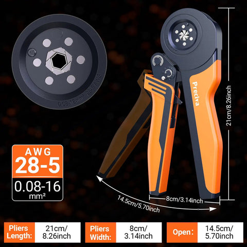Ferrule Crimping Tool Kit Pro Grade With AWG 28 To 5 Hex Ferrule Crimper detailed view with measurements and orange handle