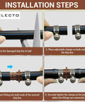 Universal Drip Line Repair And Extension Kit installation steps with plastic coupler and stainless steel clamps for tubing.