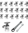 Straight Up Solid 20 Piece Angle Stop Valve Kit With Full Plumbing Setup Featuring Red Handle Wrench and valves for home repairs.