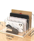 Clear Acrylic Mail Sorter With Five Compartments, Desktop File Organizer holding envelopes, notebook, phone, and stapler on desk