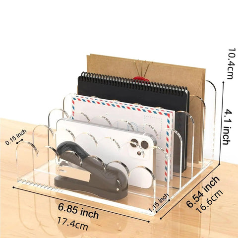 Clear Acrylic Mail Sorter With Five Compartments, Desktop File Organizer holding envelopes, notebook, phone, and stapler on desk