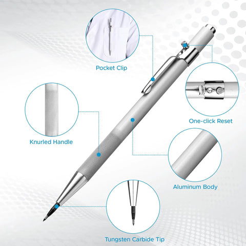 Retractable Carbide Point Scriber With Replaceable Tip For Fine Lines And Marking Satin Brown Finish Pro Grade Metalworking Tool For Pros And Crafters 599 777 Scriber Low Glare And Rust Resistant, silver aluminum body with pocket clip and knurled handle