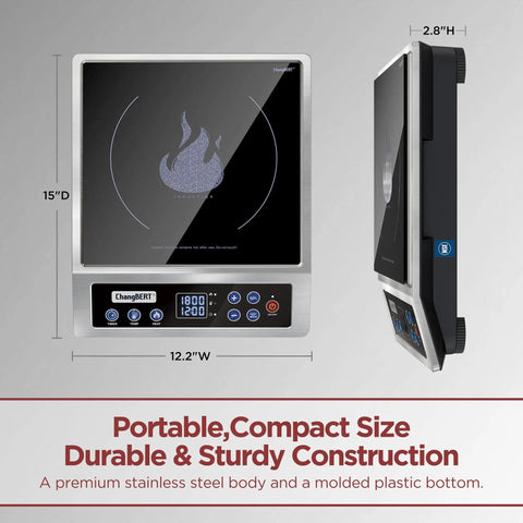 Front and side view of Portable Induction Cooktop 1800W Max Power With 9 Power Levels And 18 Temperature Settings One Click Boost