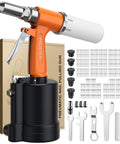 Heavy Duty Pneumatic Rivet Gun Kit With 500 Pop Rivets And Five Swappable Nosepieces Hella Strong for fast metal joining with accessories.