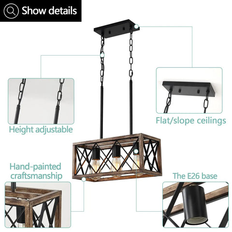 Industrial Farmhouse Three Light Pendant Ceiling Light With Wood Grain Finish, adjustable height, rustic modern design detail
