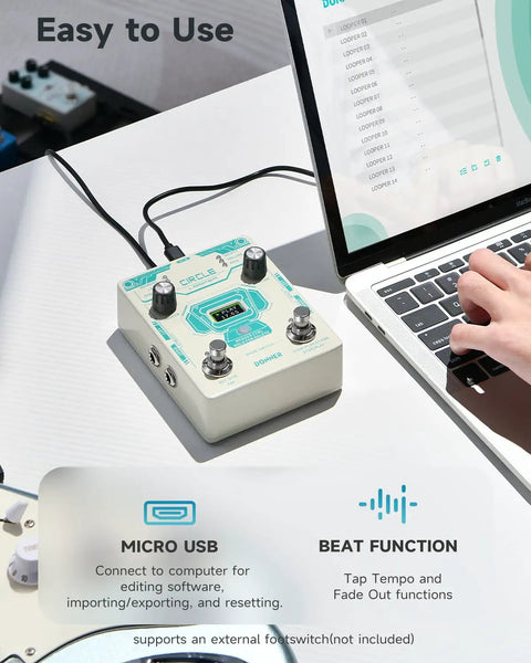 Circle Looper Pedal Drum Machine 2 In 1 Dual Loop Studio Pedal For Guitar next to laptop showing interface