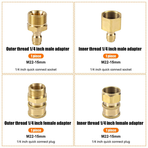 M22-15mm to 1/4in outer-thread male adapter, brass, front view, 4-piece set
M22-15mm to 1/4in inner-thread male adapter, brass, side view, 4-piece set
M22-15mm to 1/4in outer-thread female adapter, brass, front view, 4-piece set
M22-15mm to 1/4in inner-thread female adapter, brass, close-up view, 4-piece set
