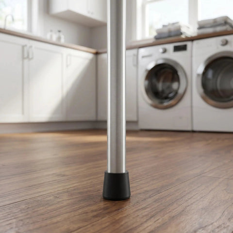 Non Slip Rubber Feet Caps For Ironing Board, 20 Pcs Replacement Leg Tips Covers installed on metal leg in laundry room