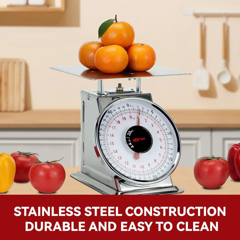 44 Lbs Stainless Steel Mechanical Kitchen Scale Built Like A Tank For Precise Portion Control Heavy Duty Produce Scale With Durable Stainless Platform Rust Resistant Body And Clear Dial displaying oranges