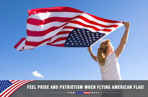 Woman holding All American Patriotic 3x5 Ft Outdoor Flag With Brass Grommets for porch, gardens, and home decor, clear sky background.
