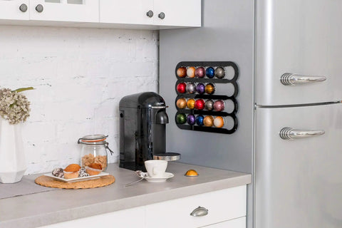 Magnetic Coffee Pod Holder for Nespresso Vertuo Capsules Mounts on Fridge Door or Side Sleek Space Saver Organizer Holds 20 Pods