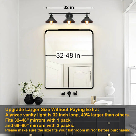 Upgrade 32 Inch Black Bathroom Light Fixture With 3 Light Vanity Lights Dope Rustic Matte Black Farmhouse Style Industrial Modern Vanity Lighting Over Mirror Sconce mounted above 32-inch mirror