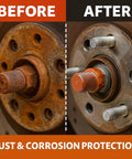 Copper anti-seize brake lubricant protects against rust and corrosion, shown in before and after of brake parts.