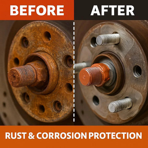Copper anti-seize brake lubricant protects against rust and corrosion, shown in before and after of brake parts.