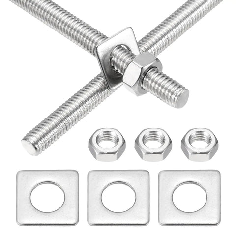 Twin Pack M6 X 500mm Fully Threaded Rods 201 Stainless Steel Right Hand Threads With Nuts And Square Washers