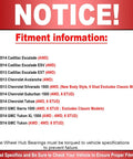 Fitment notice for front wheel bearing and hub assembly, 2007-2014 Cadillac, Chevrolet, GMC models 4WD, 6-lug, AWD