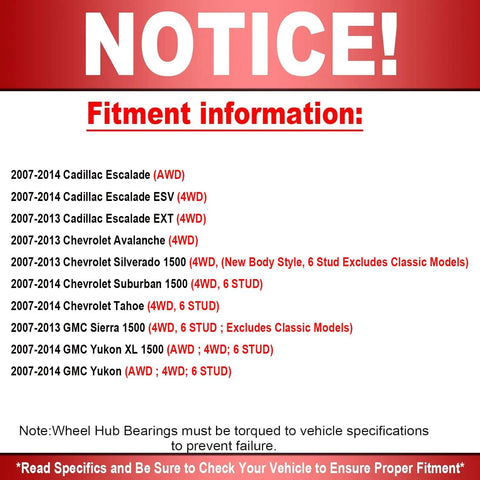 Fitment notice for front wheel bearing and hub assembly, 2007-2014 Cadillac, Chevrolet, GMC models 4WD, 6-lug, AWD