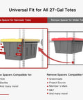 Heavy Duty 5 Tier 27 Gallon Tote Storage Rack Organizer For Garage And Warehouse, Adjustable Cradles And Rail Extensions, 250 Lb Capacity, Space Saving Bin Shelves, Totes Not Included showing spacer fit for 27-gal totes