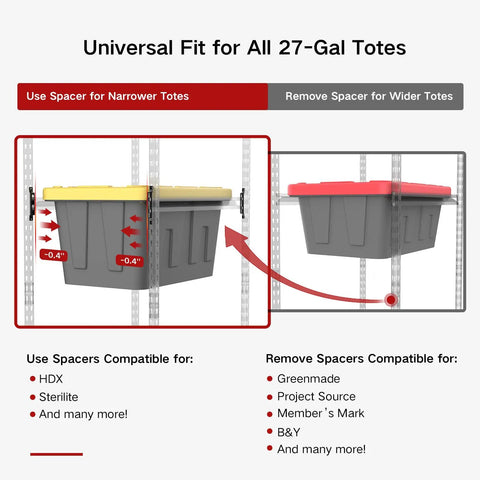 Heavy Duty 5 Tier 27 Gallon Tote Storage Rack Organizer For Garage And Warehouse, Adjustable Cradles And Rail Extensions, 250 Lb Capacity, Space Saving Bin Shelves, Totes Not Included showing spacer fit for 27-gal totes