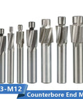 Front view of a set of 8 HSS counterbore end mills, M3-M12, for CNC routing
