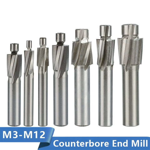 Front view of a set of 8 HSS counterbore end mills, M3-M12, for CNC routing