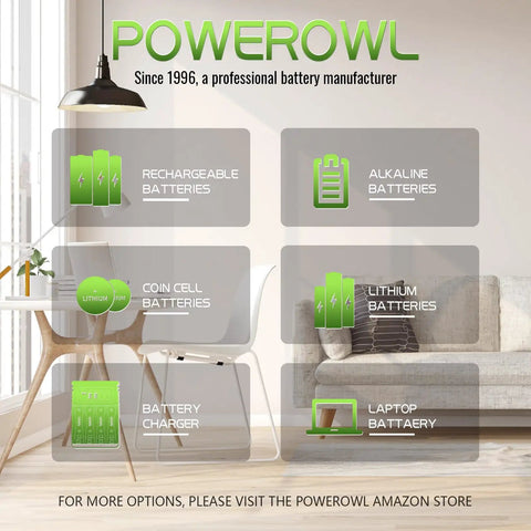 Image showcasing Powerowl batteries including rechargeable, alkaline, coin cell, lithium, and battery charger options.