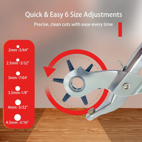 Heavy Duty Belt Hole Puncher For Leather 6 Size Revolving Hole Punch Tool with sizes 2mm to 4.5mm diagram on wooden surface