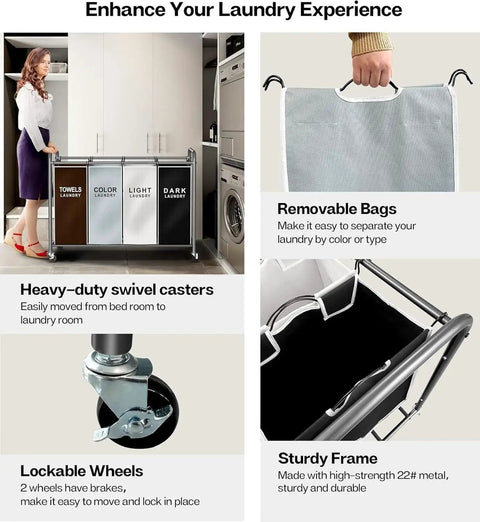 Heavy Duty Four Section Laundry Hamper Sorter Cart With Labeled Mesh Storage Bags Rock Solid Frame And Smooth Locking Wheels Straight Up The Ultimate Laundry Day Lifesaver For Hella Organized Closets And Bedrooms