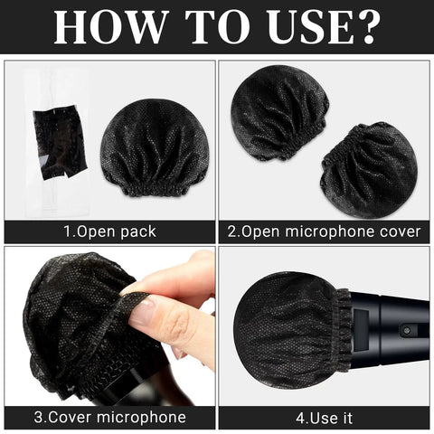 Instructional image for 800 Pcs Disposable Microphone Covers Non Woven with Elastic Band Individually Wrapped Mic Covers for KTV use