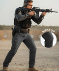 Man in tactical gear wearing Men's Stretch Tactical Pants Waterproof Ripstop Cargo Pants For Hiking Work And Outdoor Adventures