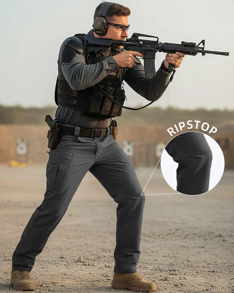 Man in tactical gear wearing Men's Stretch Tactical Pants Waterproof Ripstop Cargo Pants For Hiking Work And Outdoor Adventures