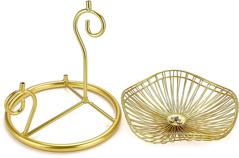 Gold frame and basket from 3 Tier Fruit Basket Stand With Ventilated Metal Wire Trays Modern Iron Fruit Holder For Kitchen Countertop.