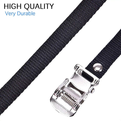 2 Pair Universal Bike Pedal Toe Straps Replacement with adjustable steel buckle, heavy-duty fabric, close-up view.