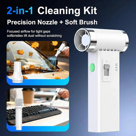 Ultra Slim Electric Air Duster With 150,000 RPM Turbo Power, Rechargeable Cordless Dust Blaster showing nozzle and brush attachments